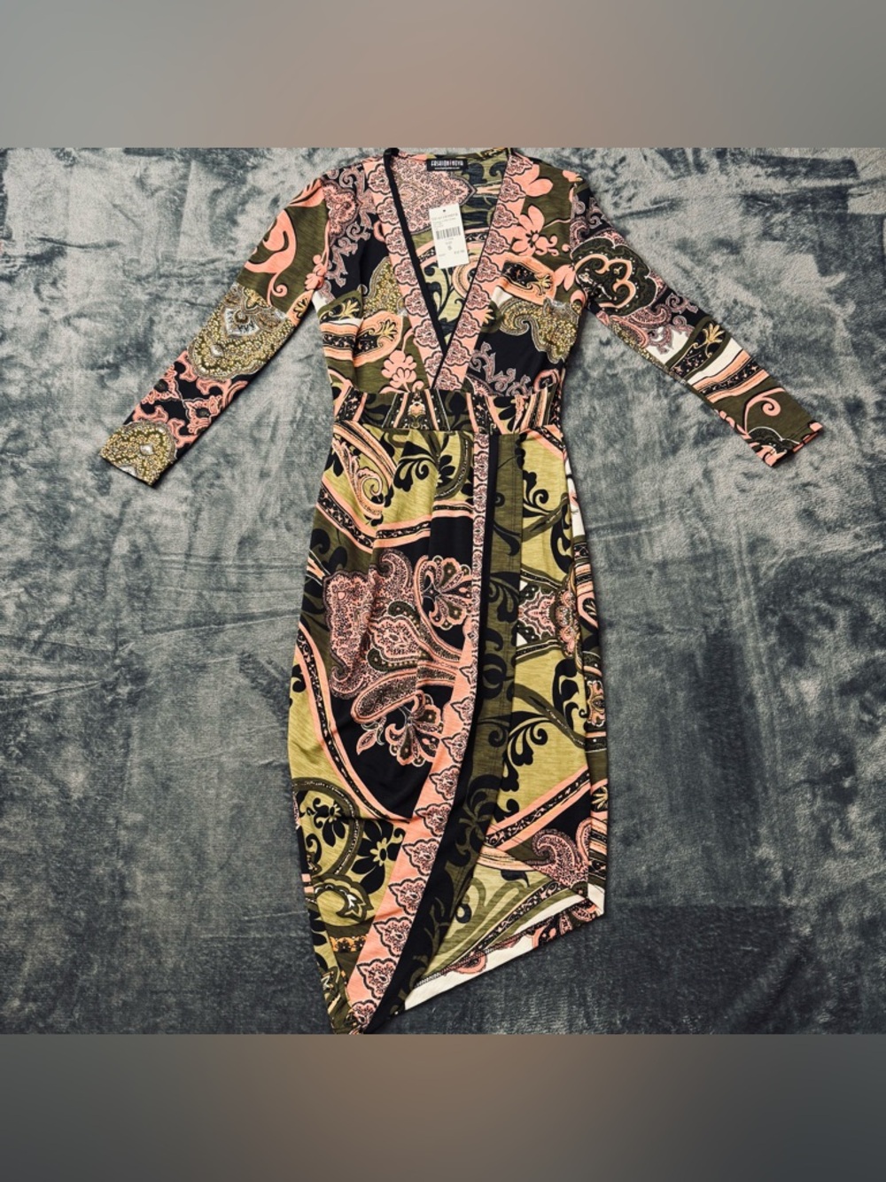 Fashion Nova Pink and Olive Paisley Wrap Midi Dress